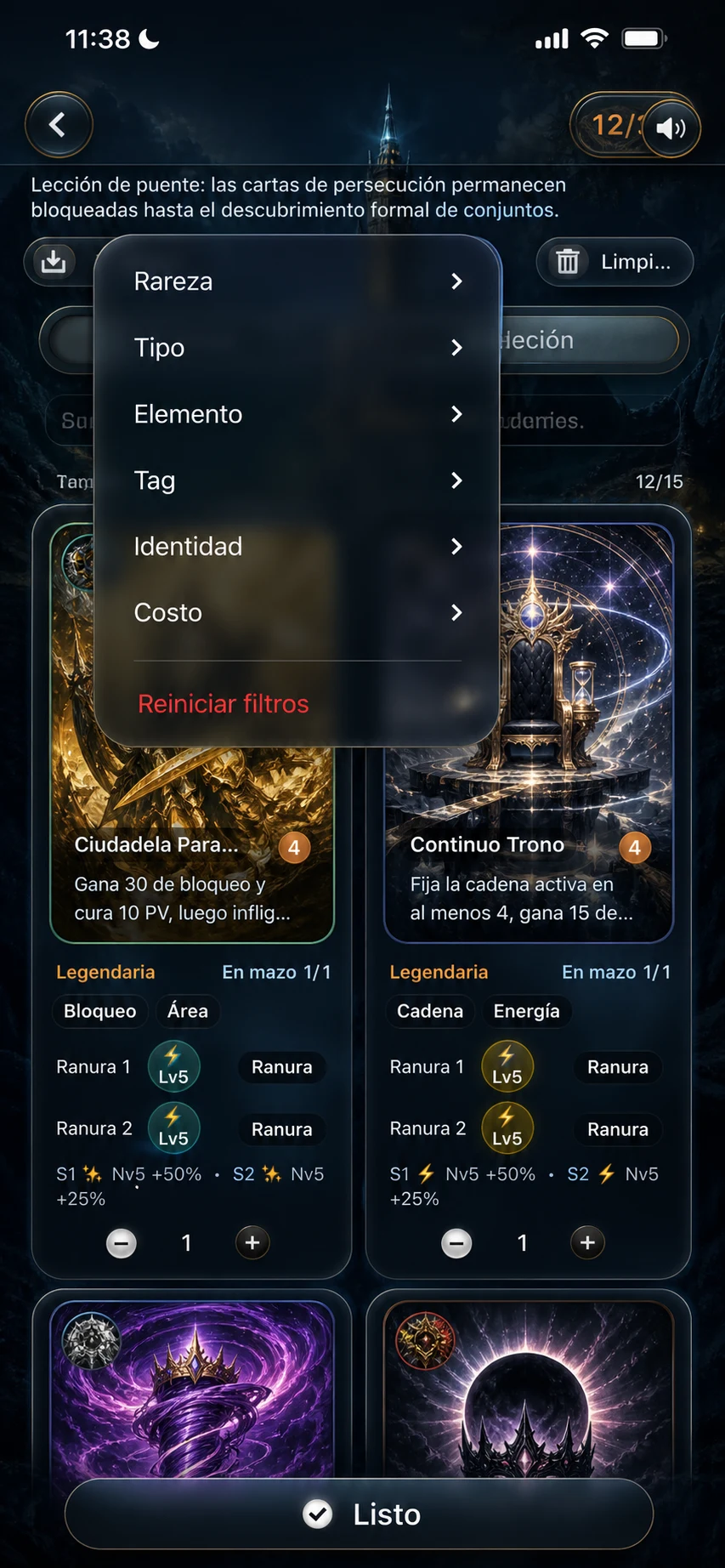 Filtro de colección de cartas con rareza, tipo, elemento y costo