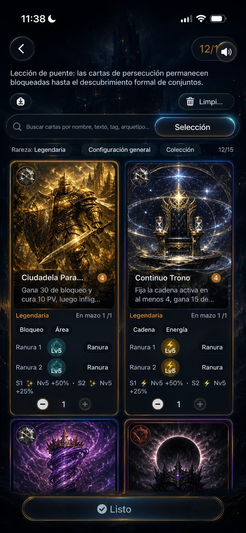 Colección legendaria mostrando cartas equipadas en el mazo