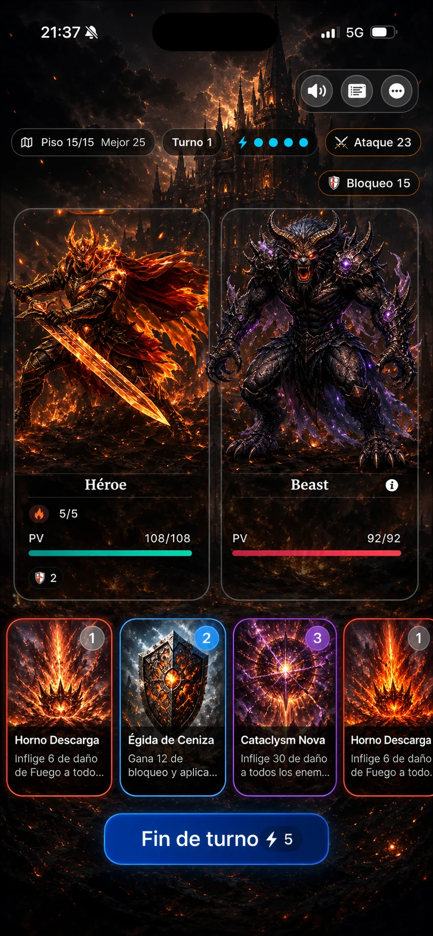 Combate contra Beast con ataque alto y cartas de fuego