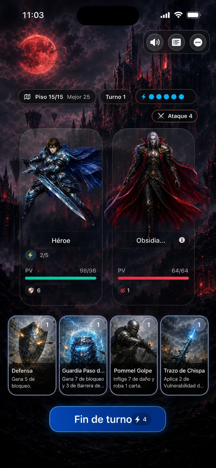 Combate contra enemigo Obsidia con ataque bajo y mano defensiva