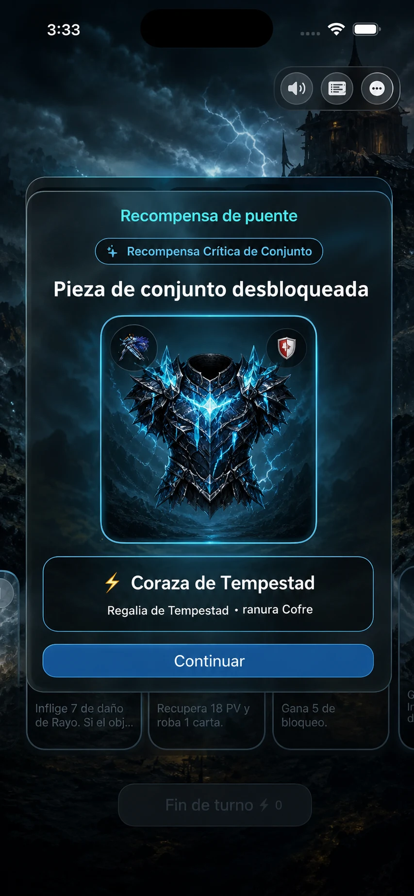 Reward de Coraza de Tempestad desbloqueada como pieza de set