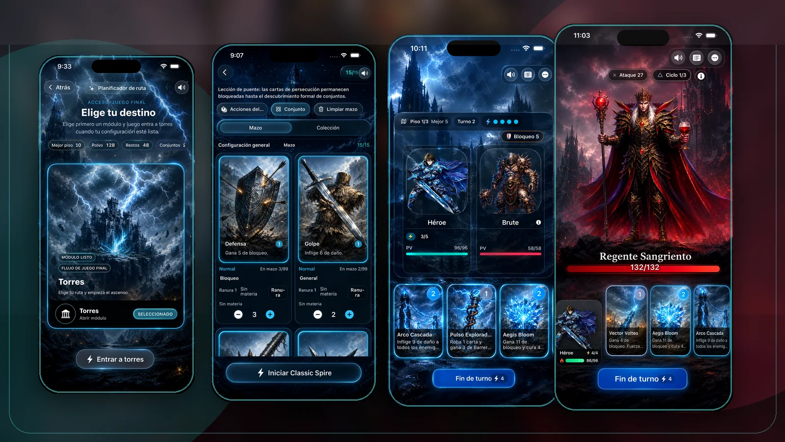 Cuatro escenas de gameplay de Codex Ascendant con ruta, mazo, combate y boss