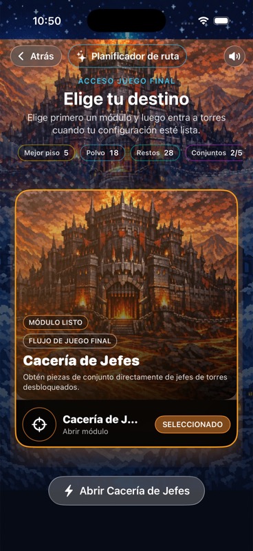 Planificador de campaña mostrando el módulo Boss Hunt como siguiente actividad