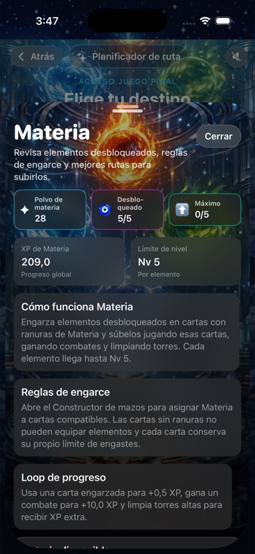 Pantalla de Materia indicando que las asignaciones compatibles se realizan en el Deck Builder