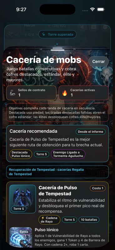 Planificador recomendando Tempest Pulse Mob Hunt para mejorar el núcleo del mazo