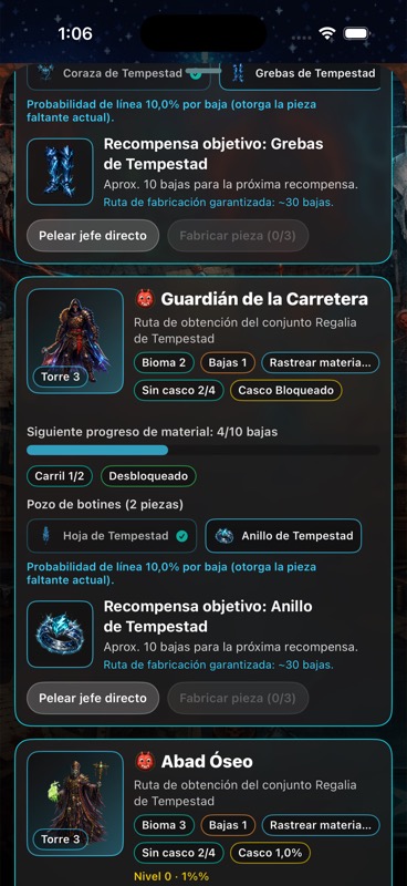 Boss Hunt de Highway Warden mostrando el accesorio Tempest y el progreso de materiales