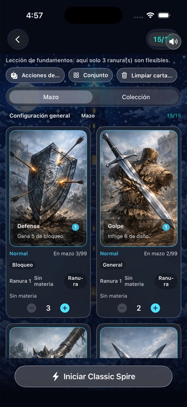Editor de mazo de T5 mostrando una baraja de quince cartas y tres elecciones flexibles